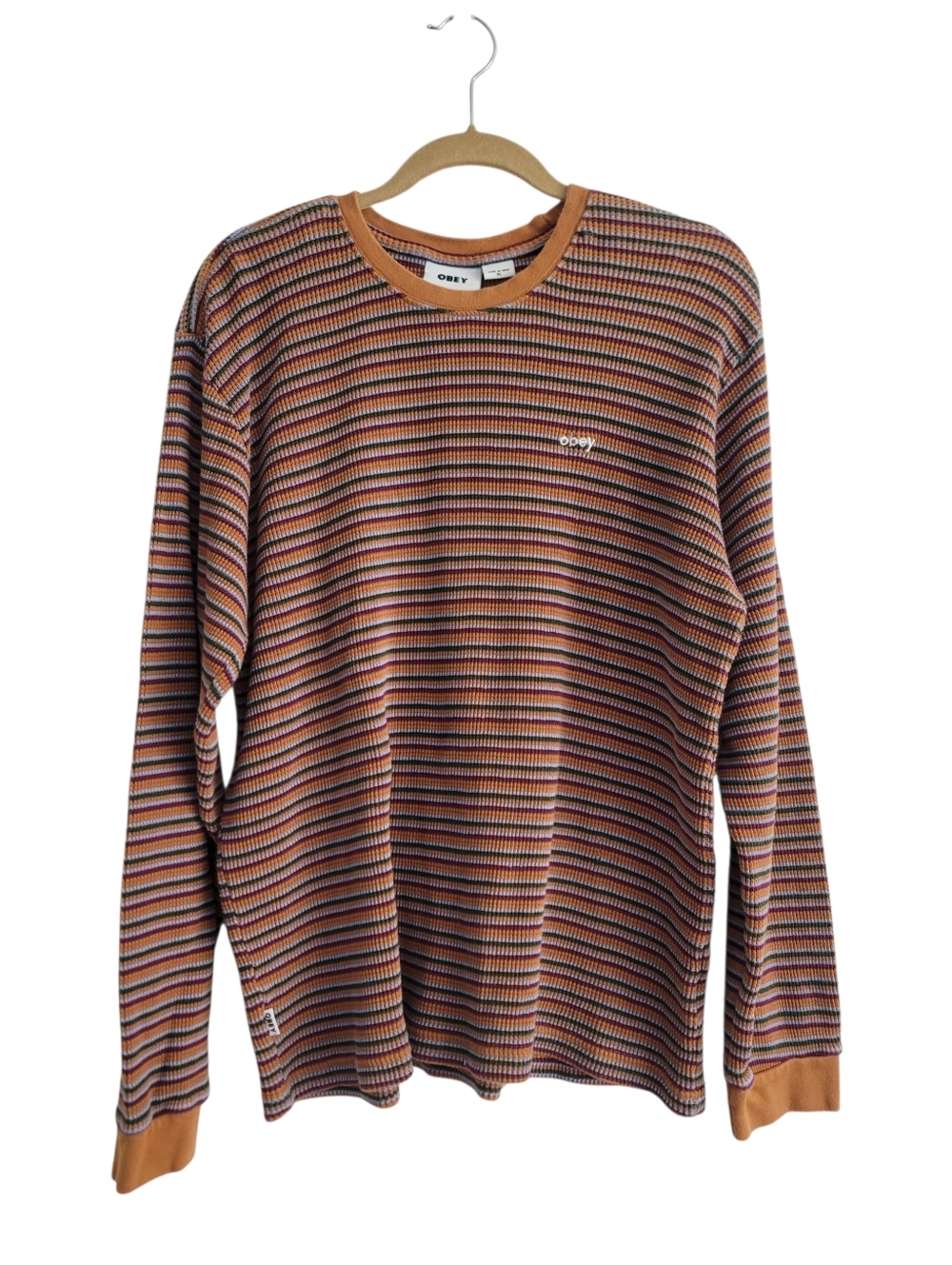 Obey Les Stripe Thermal Shirt Brown Sugar Multi Stripe‎ Long Sleeve 100% Cotton